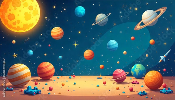Fototapeta Colorful Planetary Space Scene with Sun Moons and Toy Cars on Surface