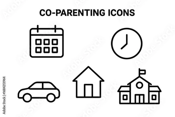 Obraz Co-parenting outline icon set. Shared child custody schedule, calendar, clock, car, school, and home icons. Concept for divorce, family law, and parenting plan logistics.