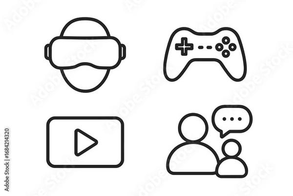 Obraz Digital entertainment and technology icon set. VR headset for metaverse, gaming controller for esports, video streaming play button, social media communication symbols. Vector.