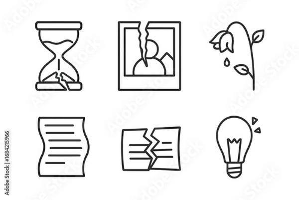 Fototapeta Regret and reflection icon set. Metaphor for sadness, grief, loss, failure, disappointment. Broken hourglass, torn photo, wilted rose. Heartbreak, breakup, bad news vector.