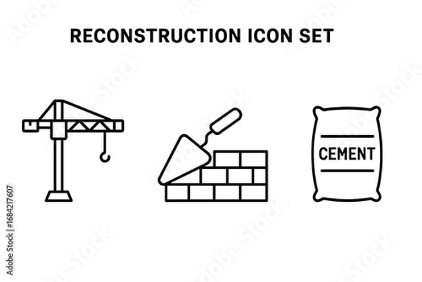 Fototapeta Construction icon set. Outline icons for reconstruction, rebuilding efforts. Vector symbols of crane, bricklaying, trowel, brick wall, cement bag. Build, repair, development.