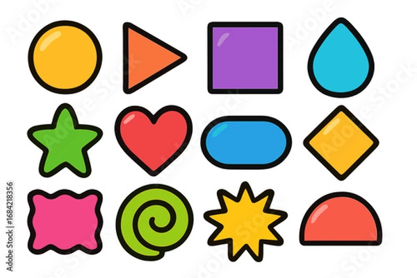 Fototapeta Colorful geometric shapes set. Vector cartoon icons for modern graphic design. Glossy basic elements: circle, star, heart, square. Abstract button and sticker pack for web.