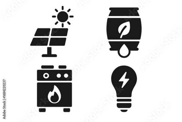 Fototapeta Sustainable Living Icons Solid Filled Vector Set of Eco-Friendly Solar Panel, Water Barrel, Efficient Stove, Low Energy Light Bulb Designs on Transparent Background