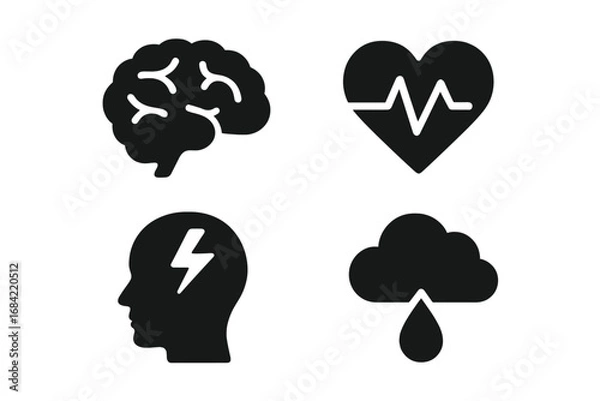 Obraz Mental health solid icon set. Psychology, stress, pressure, anxiety vector symbols. Brain, heartbeat, head with bolt, sad cloud with tear. Mind and emotion concepts.