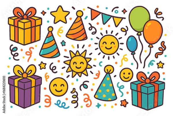 Fototapeta Set of cute birthday party doodle elements. Colorful celebration vector cartoon icons with gifts, party hats, balloons, and confetti for festive holiday design. Hand-drawn clipart.
