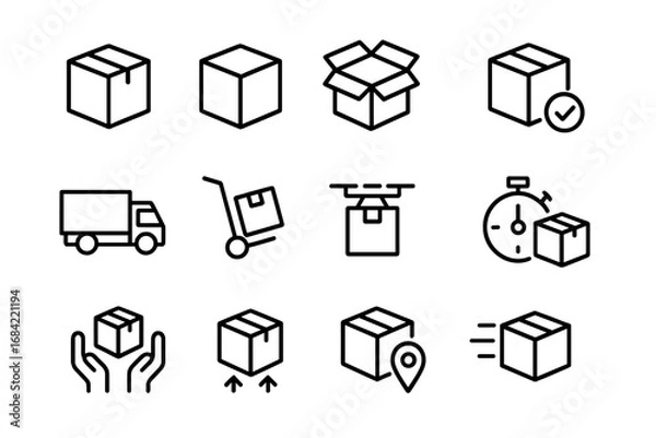 Obraz Delivery and shipping line icon set. Logistics, transportation, and e-commerce symbols. Includes box, package, truck, drone delivery, order tracking, and express service.