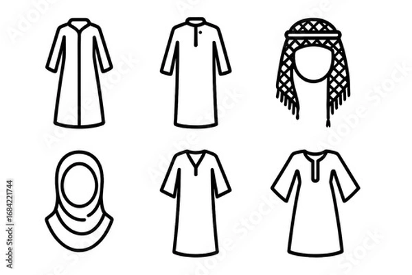 Obraz Middle Eastern traditional dress line icon set. Arabic clothing vector collection with abaya, thawb, keffiyeh, hijab, kaftan, jalabiya. Muslim cultural ethnic garments.