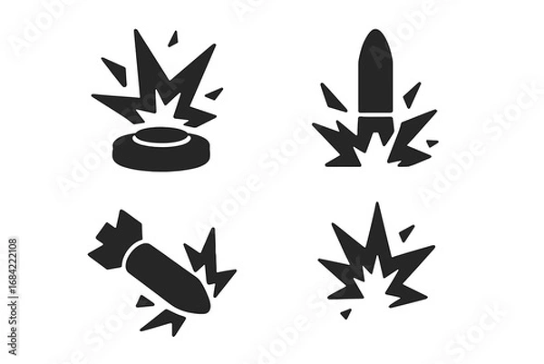 Obraz Military explosive icon set. Solid glyphs of war weapons. Vector symbols for landmine, bomb, artillery shell, missile strike, detonation, and explosion. Army armament graphics.