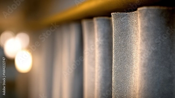 Fototapeta Wool fabric texture sharply detailed in medium shot as heavy curtains hang to block outside noise softly diffused in the background.