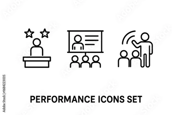 Fototapeta Performance icons set. Vector outline pictograms for business concepts like presentation, public speaking, assessment, and training. Speaker at podium, webinar screen, audience.