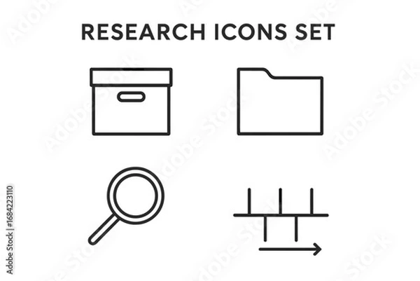 Fototapeta Research icons set. Line icons for data analysis, investigation, and archives. Vector symbols of magnifying glass, file folder, box, and timeline for web and infographics.
