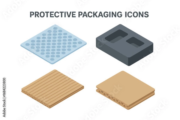 Fototapeta Isometric Protective Packaging Icons Set with Bubble Wrap, Foam Insert, Corrugated Cardboard Sheets Vector Illustration for Shipping and Packaging Design