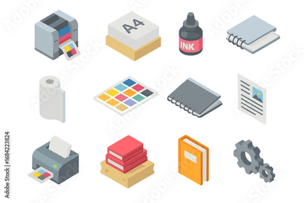 Obraz Printing and Publishing Isometric Icons Set - 3D Industrial Paper Processing and Printing Symbols, Color Charts, Ink Bottles, Notebooks, Books, and Document Graphics on Transparent Background