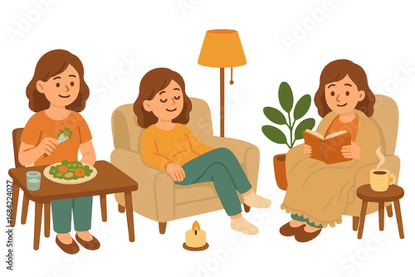 Fototapeta Relaxing Evening Routine with Healthy Dinner, Comfortable Relaxation in Armchair, and Cozy Reading Time at Home, Vector Cartoon Illustration with Transparent Background
