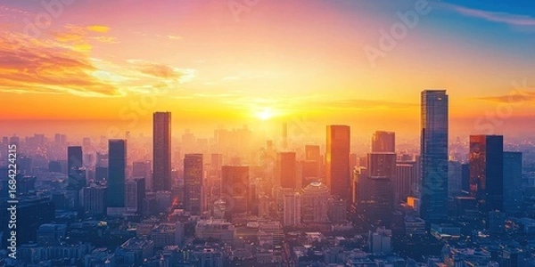 Fototapeta A high-tech city at sunset, featuring self-sustaining skyscrapers and clean air