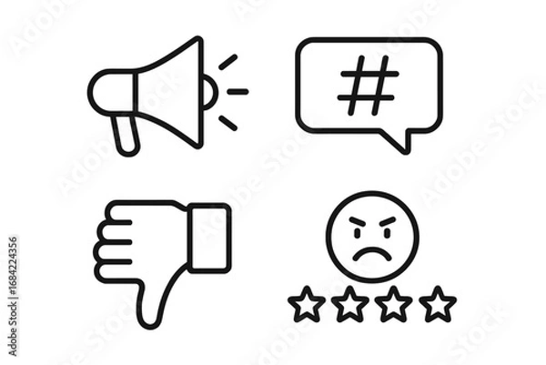 Obraz Reputation Risk Icons Vector Set of Outline Social Media and Communication Symbols Including Megaphone, Hashtag Bubble, Thumbs Down, Angry Face with Low Star Rating, Transparent Background