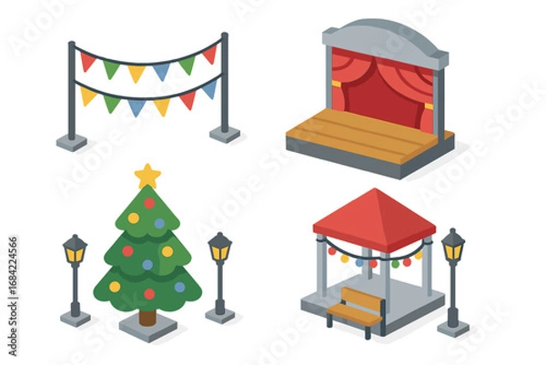 Fototapeta Seasonal Festival Icons Isometric Vector Set Featuring Festive Bunting, Stage Performance, Christmas Tree with Lights, Gazebo with Bench and Street Lamps for Holiday Celebrations