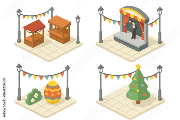 Fototapeta Isometric Seasonal Festival Icons Set with Festive Bunting, Market Stalls, Performance Stage, Giant Easter Egg, and Christmas Tree Decorations in Public Square Vector Illustration