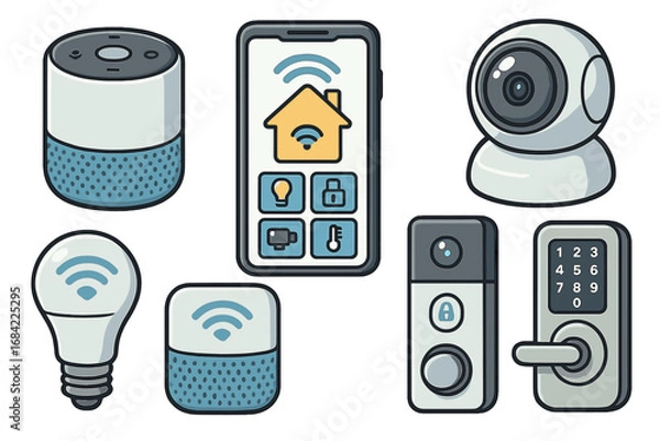 Fototapeta Smart Home Devices Illustration, Modern Connected Technology with Security Cameras, Smart Lock, WiFi Bulb, Voice Assistant, and Mobile Control App, Cartoon Vector Set on Transparent Background
