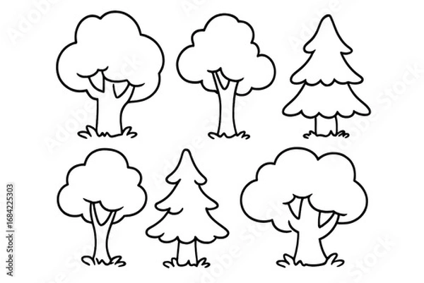 Fototapeta Vector cartoon illustration of forest trees symbol set, nature icons for graphic design, ecology concept, app elements with transparent background, ordered tree shapes collection