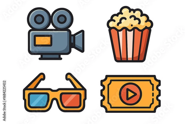 Fototapeta Cinema and movie icons set. Film production entertainment concept. Vector cartoon illustration of camera, popcorn, 3D glasses and ticket. Flat graphic design elements isolated.