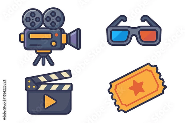 Fototapeta Movie and cinema entertainment icons. Film production equipment with retro camera, clapperboard, 3D glasses and admission ticket. Vector cartoon graphic element set.