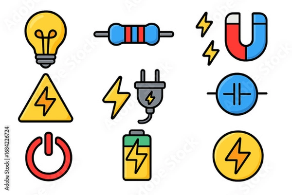 Obraz Set of electricity icons. Power, energy, electronic components symbols. Lightbulb, resistor, magnet, capacitor, battery, plug, voltage sign. Vector cartoon illustration.