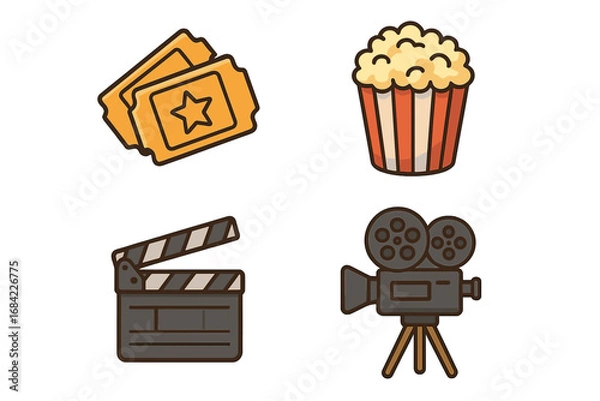 Fototapeta Cinema icon set for film festival or movie night. Vector collection of entertainment symbols: movie ticket, popcorn, clapperboard, and retro film camera. Movie production.