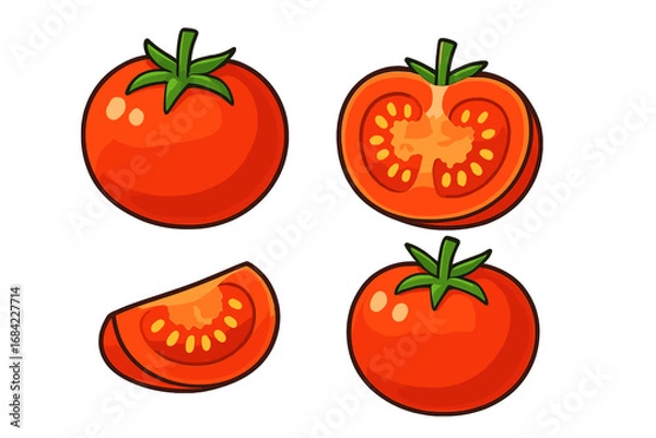 Fototapeta Fresh red tomato vector cartoon illustration set. Whole, half and sliced tomatoes. Healthy organic vegetable food ingredient for cooking. Simple flat design icon collection.