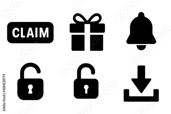 Obraz Reward icons grid set, solid filled vector icons including claim button, gift box with ribbon, notification bell, unlocked padlock, and download arrow, transparent background