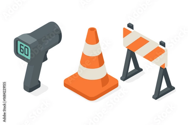 Fototapeta Isometric traffic enforcement icon set. Police speed radar gun, traffic cone, and roadblock barrier for road safety and control. Vector illustration flat design concept isolated.