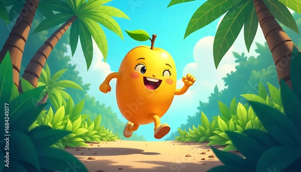 Fototapeta Cute Animated Mango Character Running in Tropical Jungle Scene