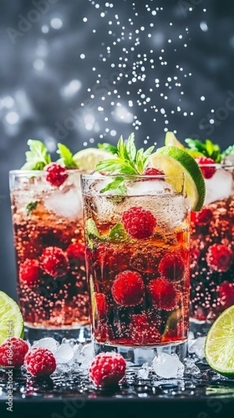 Fototapeta Refreshing Raspberry Lime Fizz Cocktail Drinks in Glasses