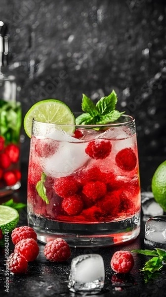 Fototapeta Refreshing Raspberry Lime Mint Cocktail Drink in Glass