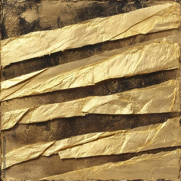 Fototapeta Abstract Gold Foil Texture Art Background, Metallic Golden Stripes on Dark Brown Canvas
