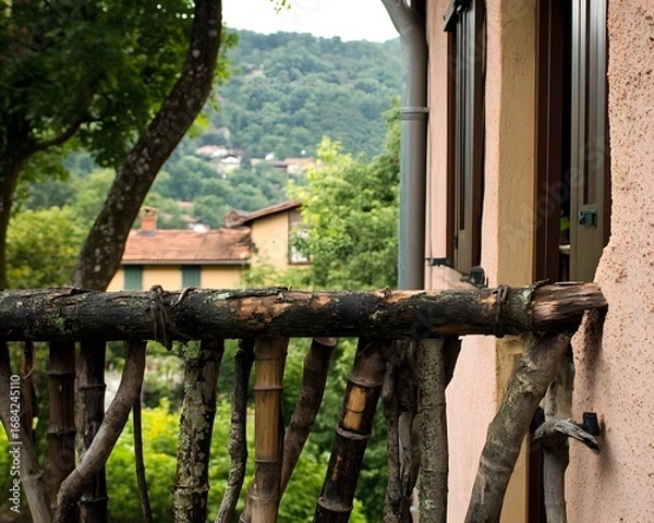 Fototapeta Rustic Wooden Bamboo Balcony Railing with Mountain Village View