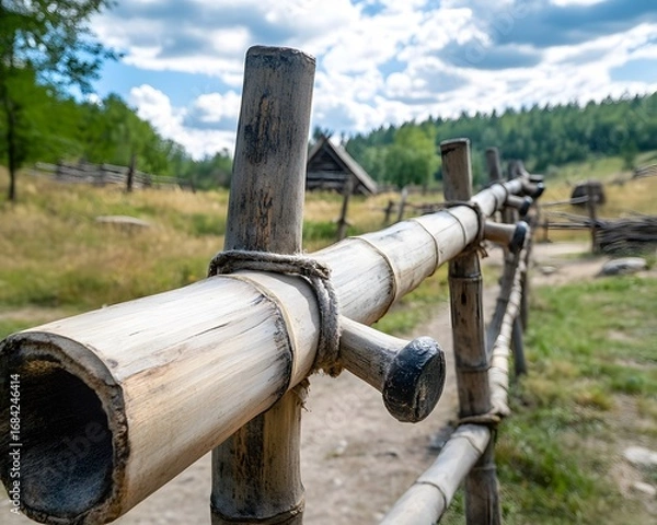 Fototapeta Rustic Bamboo Fence with Rope Detail in Village Setting