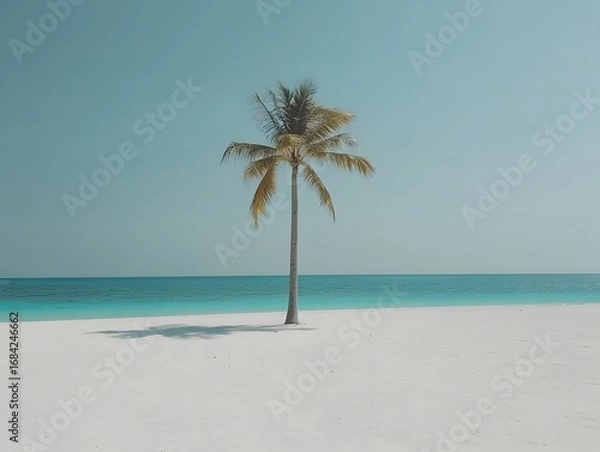 Fototapeta Serene Tropical Beach Scene, Single Palm Tree on White Sand and Turquoise Ocean