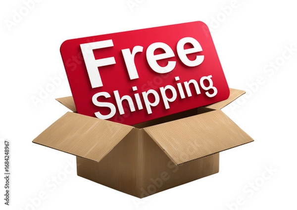 Fototapeta 3D delivery box with lid open, floating "Free Shipping" sign above, clean white background..