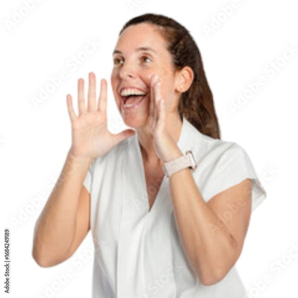Fototapeta Woman shouting and calling out, isolated on white background