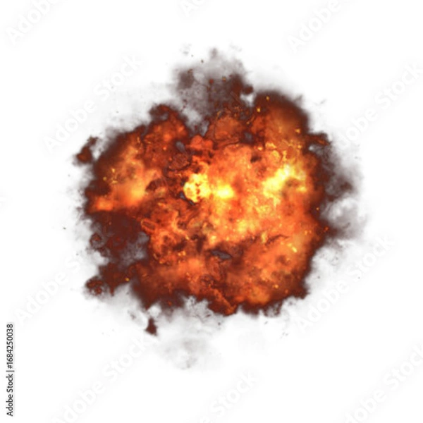 Fototapeta Fiery explosion with smoke and embers isolated on white background