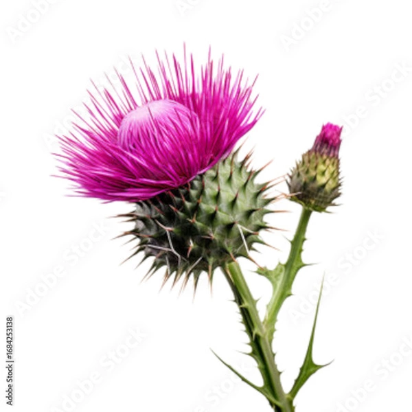 Fototapeta A vibrant pink thistle flower with a bud, isolated on white background