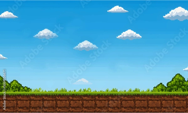 Obraz illustration of Cartoon landscape retro pixel art game interface design background