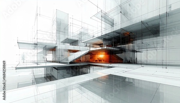 Fototapeta Surreal Fantasy Architectural Draft with Transparent Blueprint Layers, Futuristic Building Concept, Abstract 3D Design