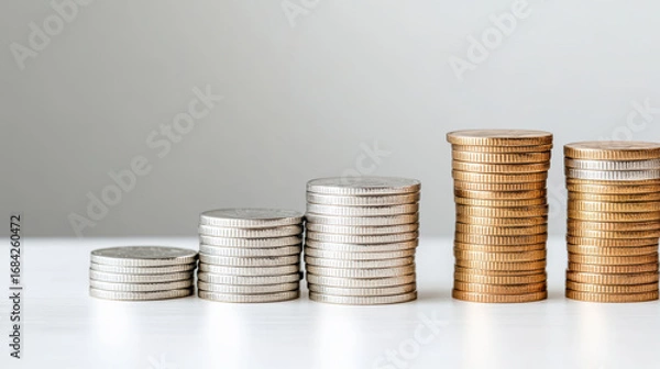 Fototapeta Stacks of coins arranged ascending order create visually appealing display of wealth