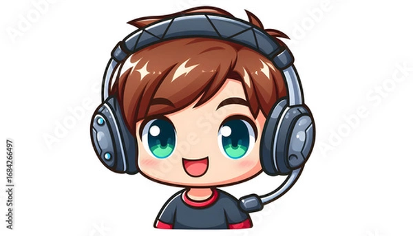 Fototapeta Animated Cartoon Gamer Character Boy with Headset