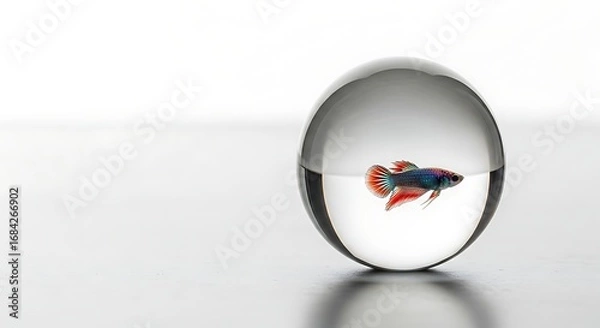 Fototapeta Captivating image of a colorful Betta fish inside a clear crystal ball, showcasing its iridescent scales and flowing fins against a bright, elegant backdrop. A unique perspective.