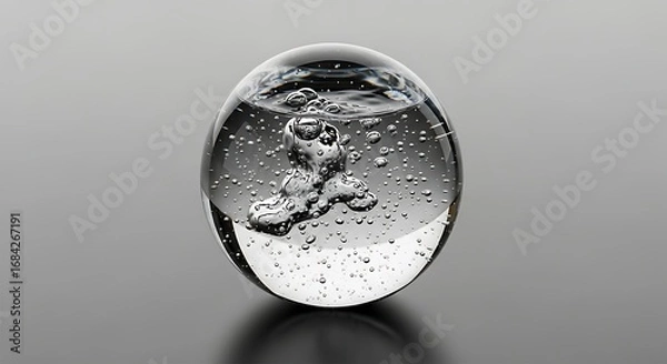 Fototapeta A transparent glass orb, filled with water and a mesmerizing array of air bubbles, including a large, abstract void, against a minimalist grey background. Ideal for modern decor.