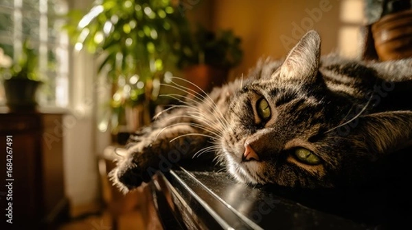 Fototapeta Tabby Cat Relaxing on Piano with Morning Sun
