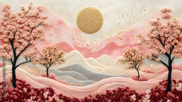 Obraz Embroidery landscape with pink trees and mountains under sun